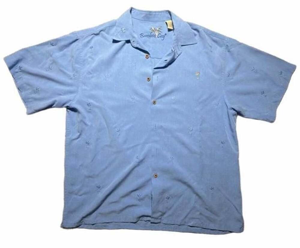 Bamboo Cay Tropical Palm Embroidered Camp Shirt Size Large Blue Button Up